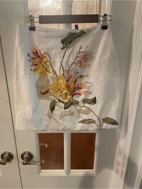 White House Black Market White Mini Skirt with Yellow & Green Floral Print